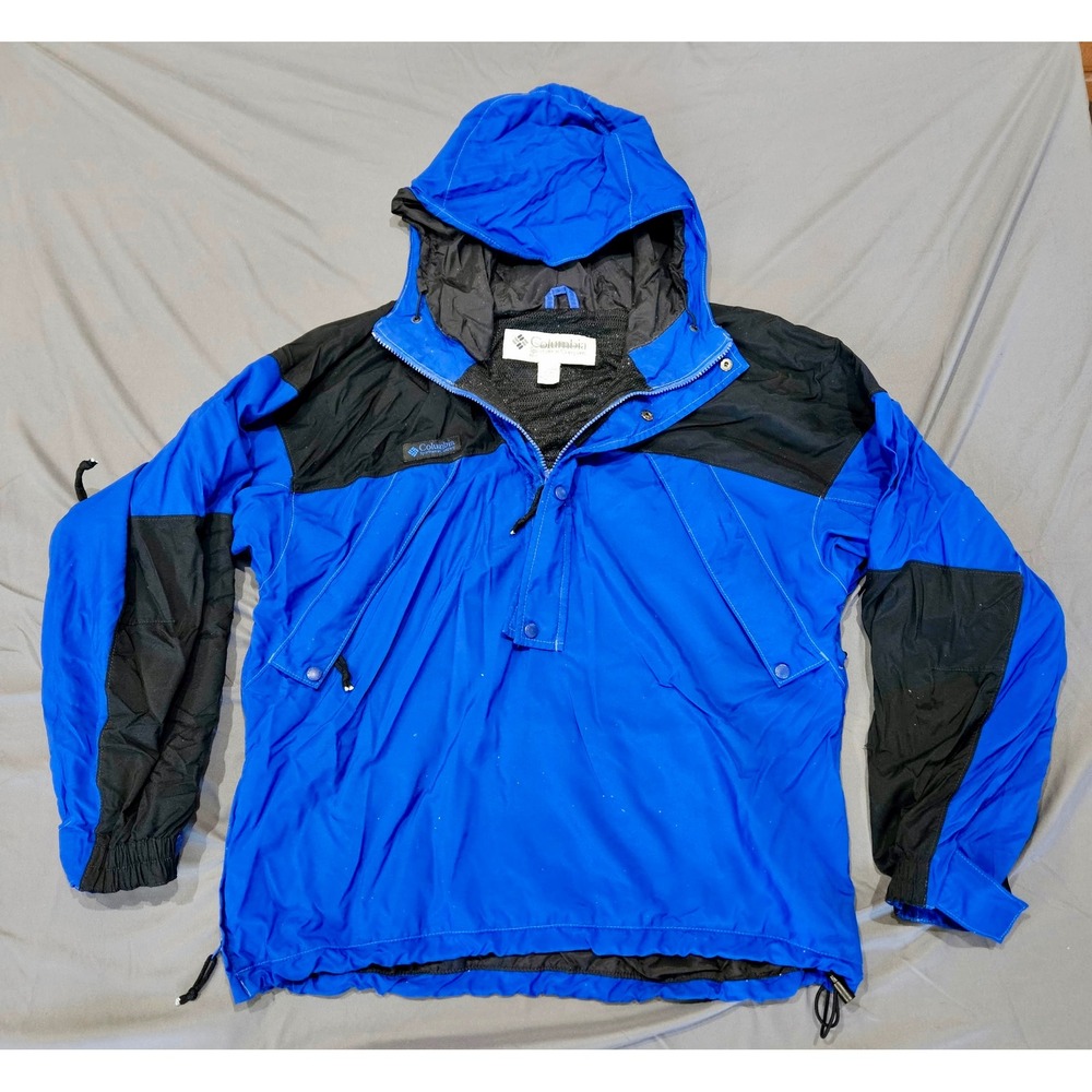 Columbia Anorak Windbreaker Men Large Blue Black Vintage Colorblock